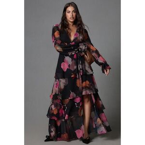 Anthropologie Black and Pink Floral Maxi Dress